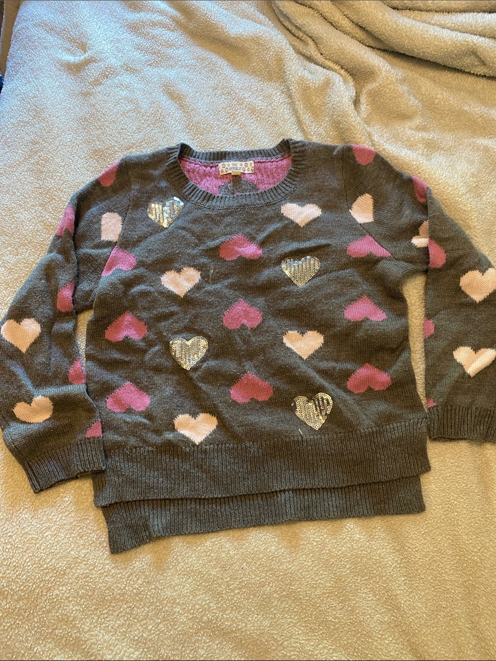 Pink Republic Girls Gray Knit Sweater with Pink and Sequin Hearts